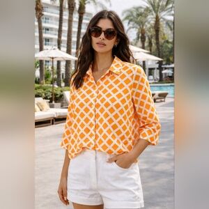 JCPenney Orange White Diamond Lattice Print Silk Blend Blouse 3X Button Down 3/4